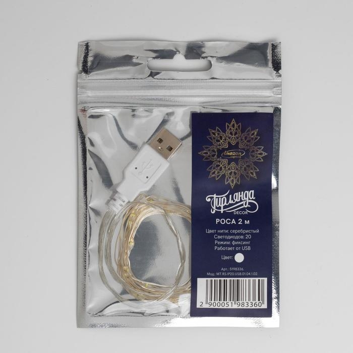 Гирлянда &laquo;Нить&raquo; 2 м роса, IP20, серебристая нить, 20 LED, свечение белое, USB