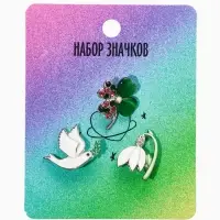 Броши "Голубь, клевер, подснежник" (набор 3шт), цветной в серебре