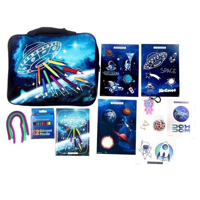 Подарочный набор школьника &laquo;Космос&raquo;, 11 предметов (цветные карандаши,блокнот,папка для тетрадей,тату,игрушка брелок,мялка,головоломка,наклейки)