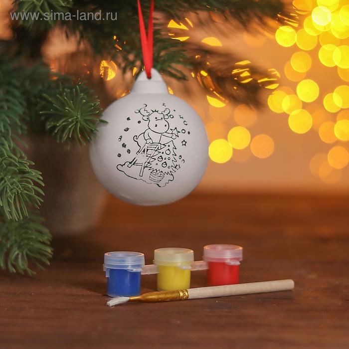 Новогодний шар под раскраску &laquo;Украшаем ёлку&raquo; с подвесом, краска 3 цв. по 2 мл, кисть