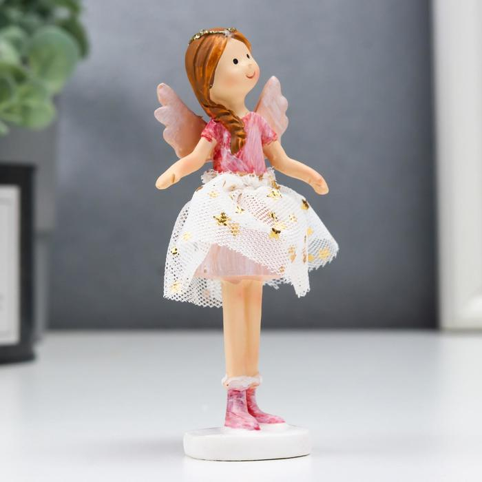 Сувенир полистоун "Ангел-малышка с косой, в белой юбочке со звёздами" розовый 10х3х5 см