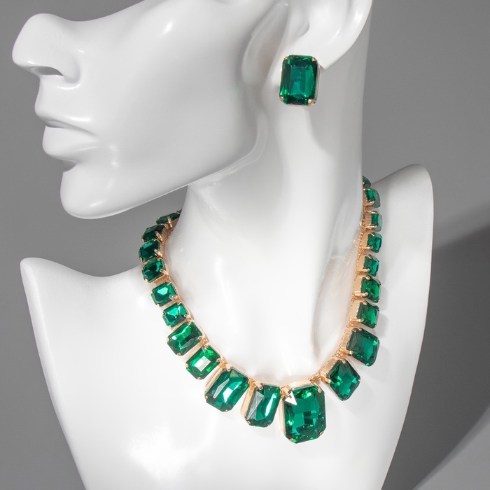 Набор 4 предмета: серьги, колье, браслет, кольцо &laquo;Вечерний&raquo; объём, зелёный в золоте