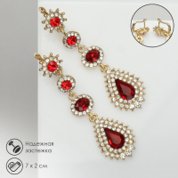 Серьги висячие со стразами &laquo;Вечерние&raquo; мадам, цвет бело-красный в золоте, 7 см