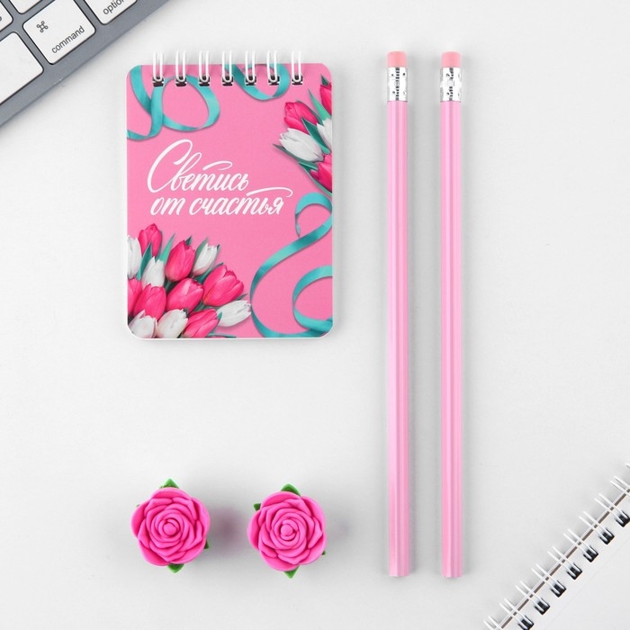 Подарочный набор &laquo;С 8 марта&raquo;, карандаши 2 шт, ластики 2 шт, блокнот