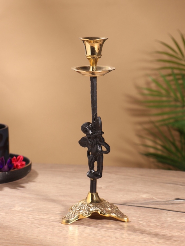 Подсвечник на 1 свечу, латунь, черный с золотом 8,5х8,5х23,5 см