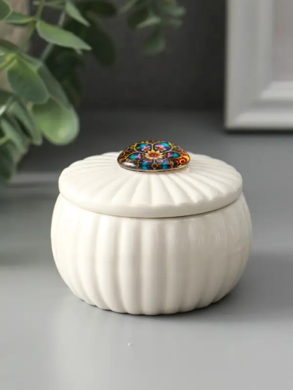 Шкатулка керамика "Цветок-калейдоскоп" белая 7х7х5,3 см