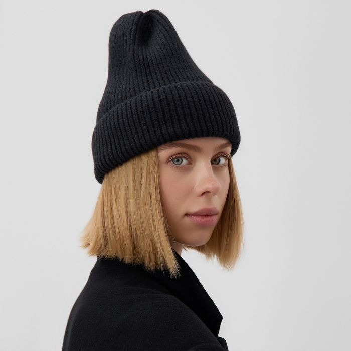 Шапка женская MINAKU с отворотом, размер 54-56, цвет чёрный