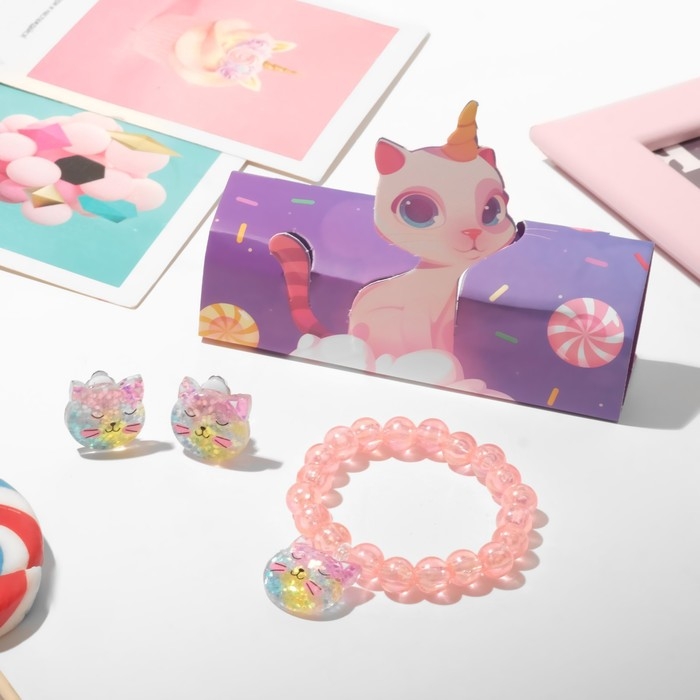 Набор детский &laquo;Выбражулька&raquo; 2 предмета: клипсы, браслет, фигурка кошечка, цветной