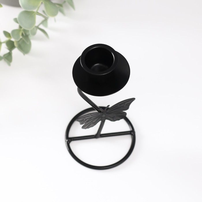 Подсвечник металл на 1 свечу "Бабочка с завитком" d=2 см чёрный 7х7х14 см