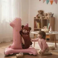 Воздушный шар фольгированный 32" "Цифра 1 с мишкой"  цвет розовый, под воздух