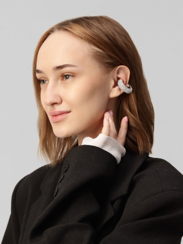 Серьги &laquo;Каффы&raquo; бублик, малые стразы, белые в серебре