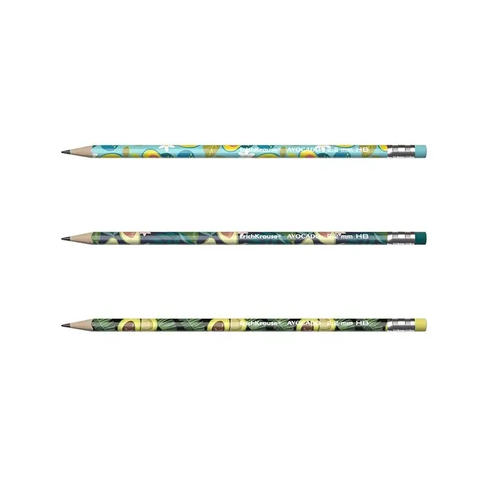 Карандаш чернографитный с ластиком ErichKrause "Avocado", HB, грифель d=2.2 мм, дерево, трeхгранный с принтом, в тубусе, микс