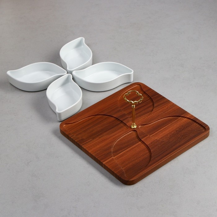 Менажница &laquo;Королевская сервировка&raquo;, 4 шт:300 мл, деревянное основание, фарфор, Иран