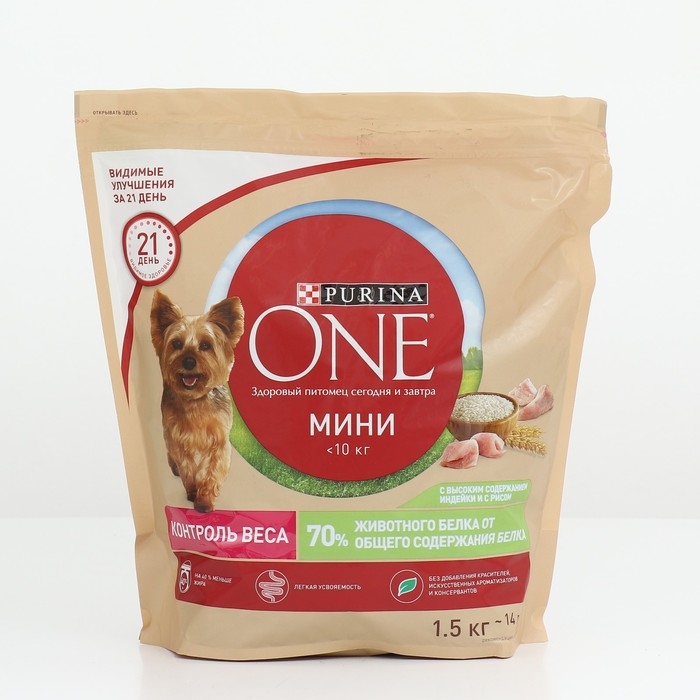 Сухой корм Purina One mini Сухой корм Purina One mini "Здоровый вес" для мелких пород, индейка/рис, 1,5 кг