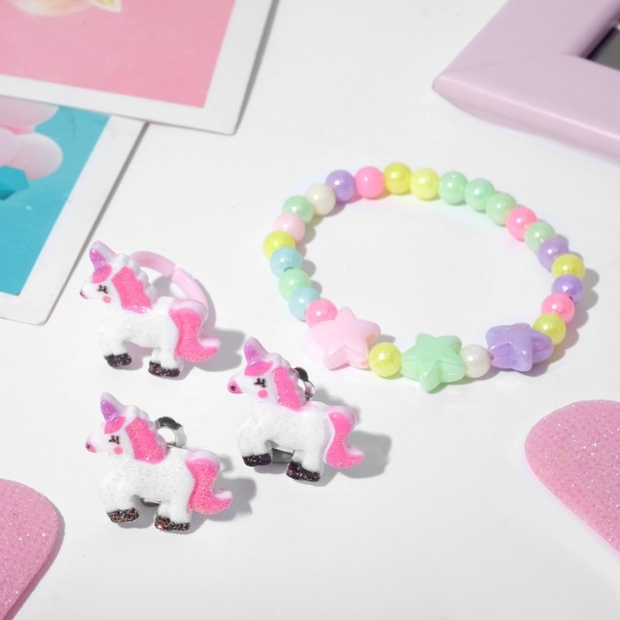 Набор детский &laquo;Выбражулька&raquo; 3 предмета: клипсы, браслет, кольцо, единороги и звёзды, цветной