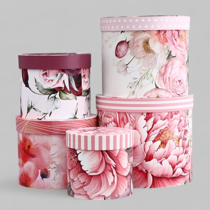 Набор шляпных коробок для цветов 5 в 1, упаковка подарочная, &laquo;Бутон&raquo;, 16 х 14 см - 22 х 19,5 см