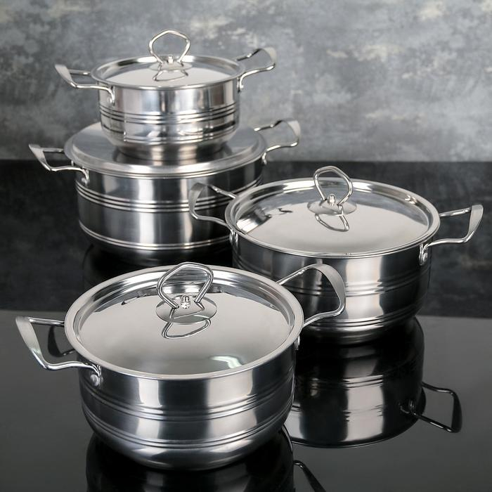 Набор кастрюль из нержавеющей стали &laquo;Ясмин&raquo;, 4 кастрюли: 2 л, 2,7 л, 3,5 л, 4,5 л, d=17/19/21/23 см, металлические крышки, индукция