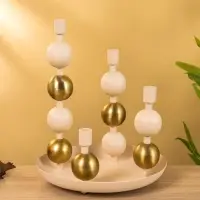 4 подсвечника на тарелке со сферами бежево-золотой 25,5х22,5х32 см