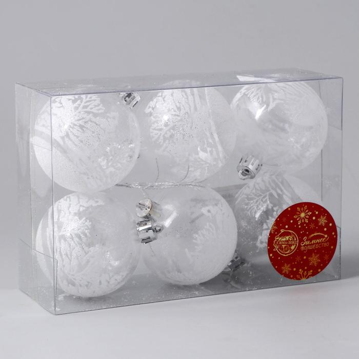 Набор шаров пластик d-6 см, 6 шт "Изморозь" зимний лес, белый