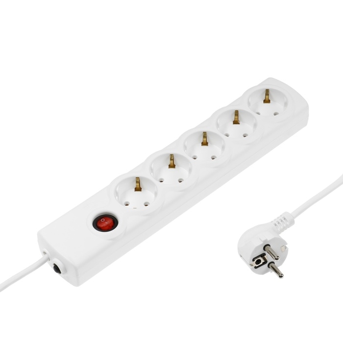 Сетевой фильтр Luazon Lighting, 5 розеток, 5 м, 3500 Вт, 3х1 мм2, 16 A, 220 В, c предохранителем, белый