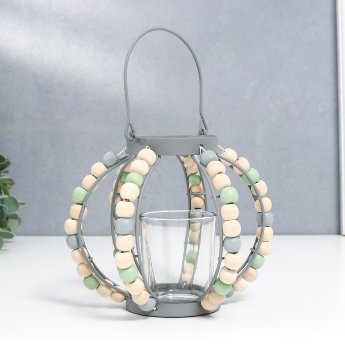 Подсвечник металл, стекло на 1 свечу "Фонарь. Бохо" серый 19х15,5х13 см