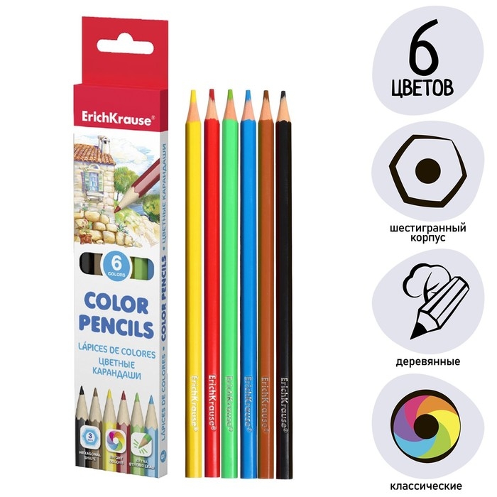 Карандаши 6 цветов ErichKrause Standart, дерево, шестигранные, 3.0 мм грифель, картонная упаковка, европодвес Карандаши 6 цветов ErichKrause Standart, дерево, шестигранные, 3.0 мм грифель, картонная упаковка, европодвес