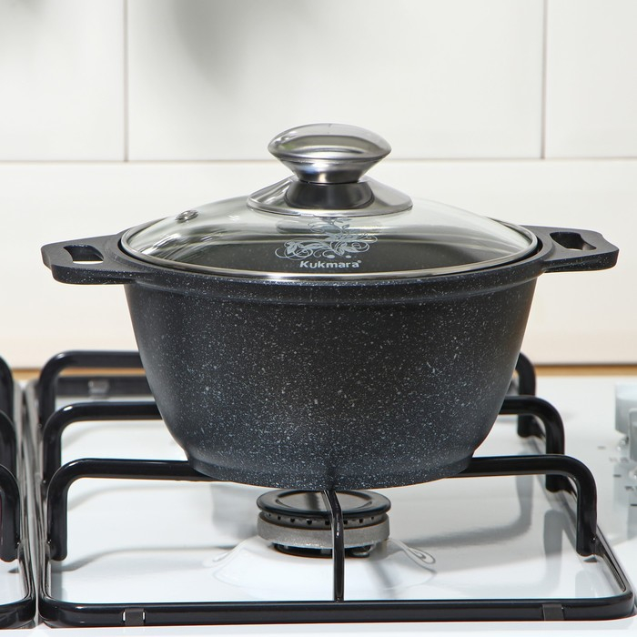 Кастрюля, 1 л, d=18 см, h=13.5 см, стеклянная крышка, антипригарное покрытие, цвет тёмный мрамор