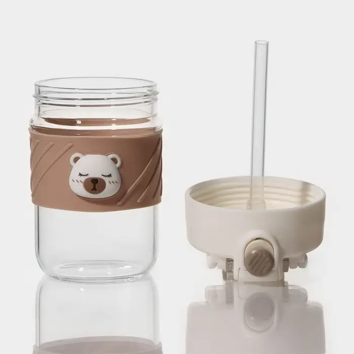 Бутылка для воды стеклянная, с крышкой и трубочкой &laquo;Бьорн&raquo;, 400 мл, цвет бежевый