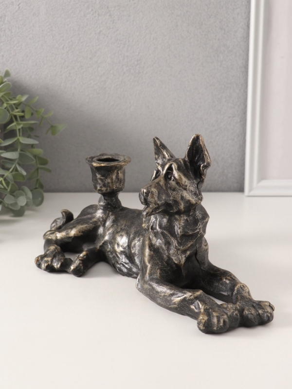 Подсвечник полистоун на 1 свечу "Шарж. Овчарка" под бронзу 28х10,8х13 см