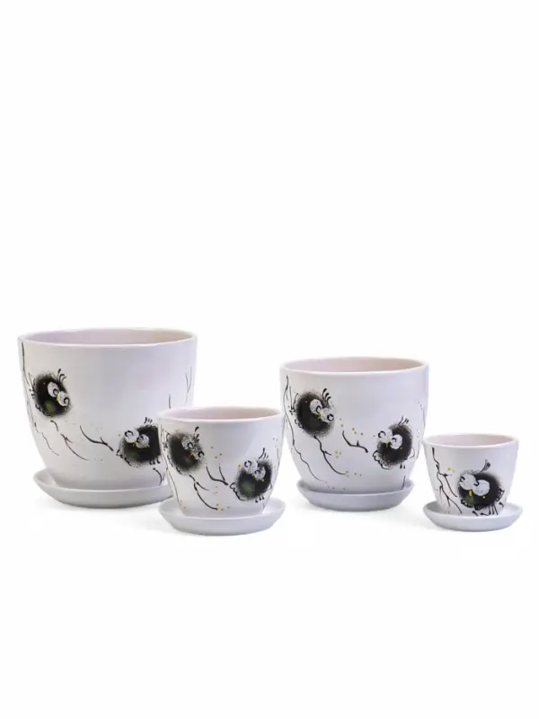 Набор горшков цветочный поддоном 4 шт 0,4 / 1 / 2,5 / 5 л керамика Птички бел