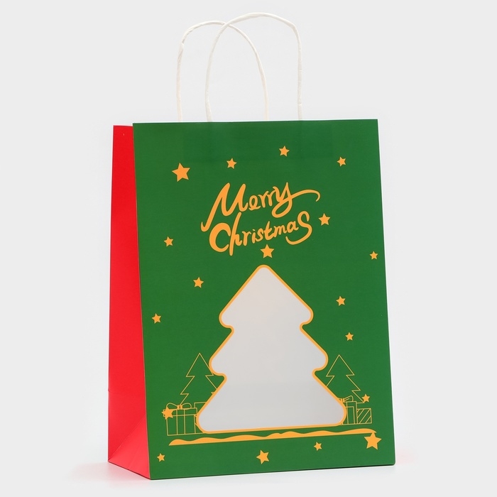 Пакет подарочный новогодний с окном "Ёлка" 26 х 35 х 16 см.