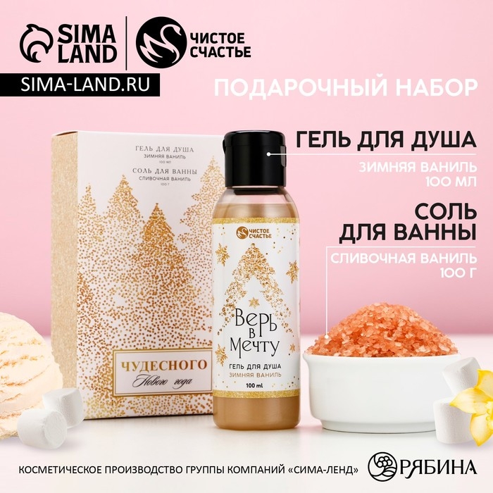 Подарочный набор косметики &laquo;Чудесного Нового Года&raquo;, гель для душа 100 мл и соль для ванны 100 г, аромат зимней ванили, ЧИСТОЕ СЧАСТЬЕ