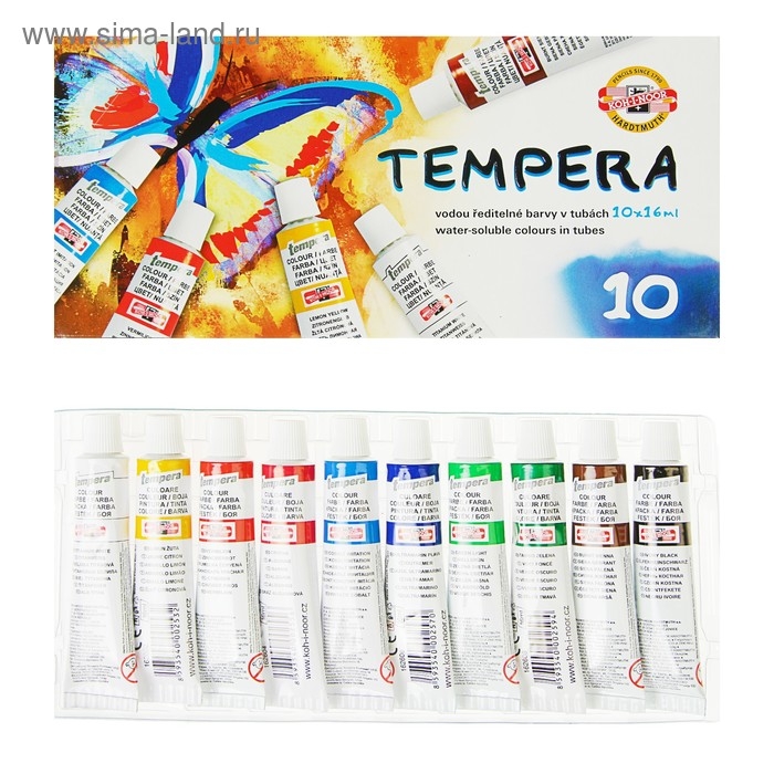 Краски темперные 10 цветов по 16 мл, Koh-I-Noor, в тубах, без кисти