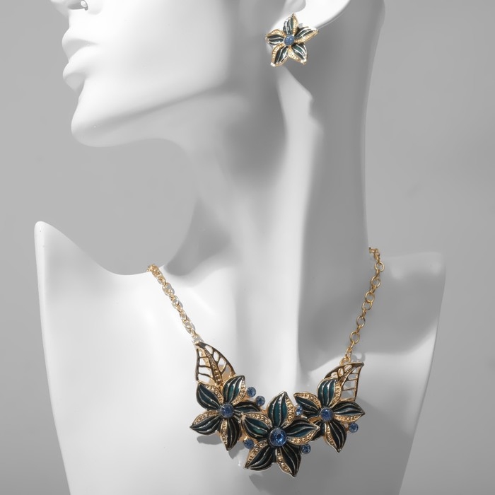 Набор 2 предмета: серьги, колье &laquo;Цветы&raquo; трио, цвет синий в золоте, 45 см