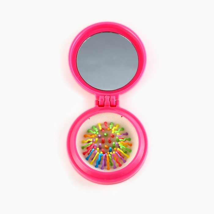 Расчёска массажная, складная, с зеркалом, 6 &times; 6 х 3 см, цвет розовый МИКС