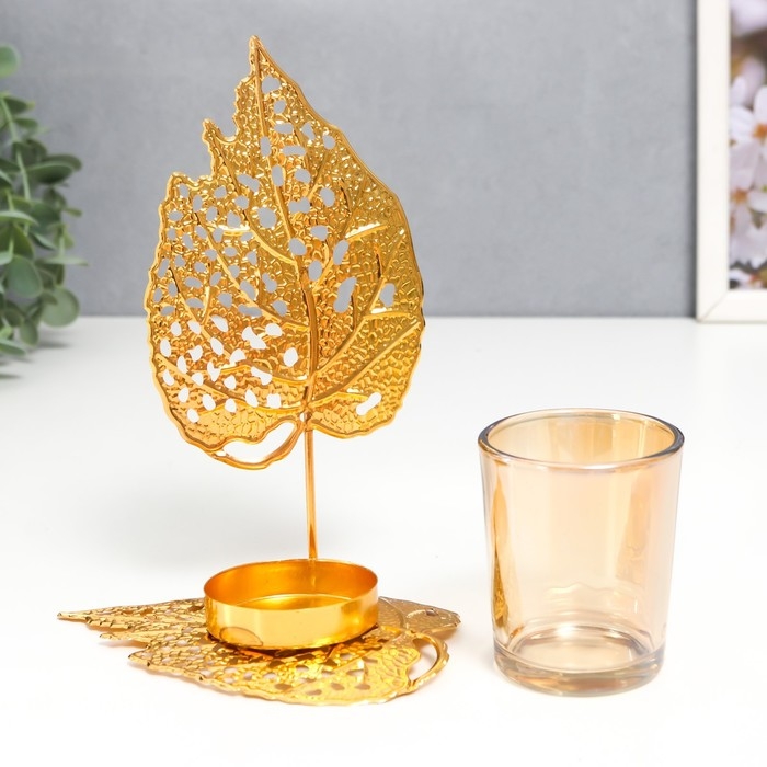 Подсвечник металл, стекло на 1 свечу "Золотые листики" d-5 см 8х12х16,5 см