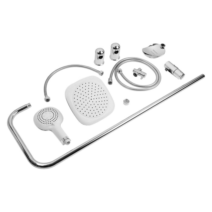 Душевая система ZEIN Z4312, тропич и ручная лейка 3 режима, шланги, стойка, мыльница, хром Душевая система ZEIN Z4312, тропич и ручная лейка 3 режима, шланги, стойка, мыльница, хром