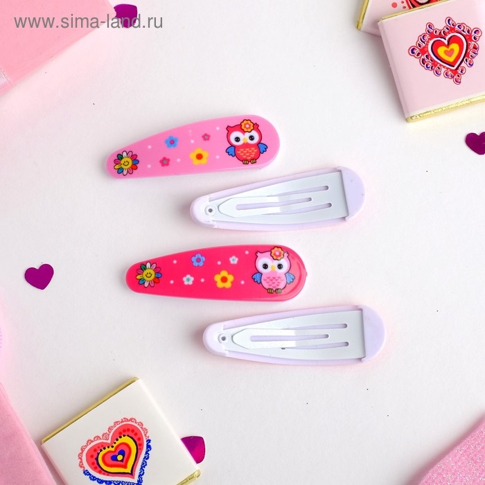 Невидимка для волос "Весёлый глянец" (набор 4 шт) совушки 5 см, розовый