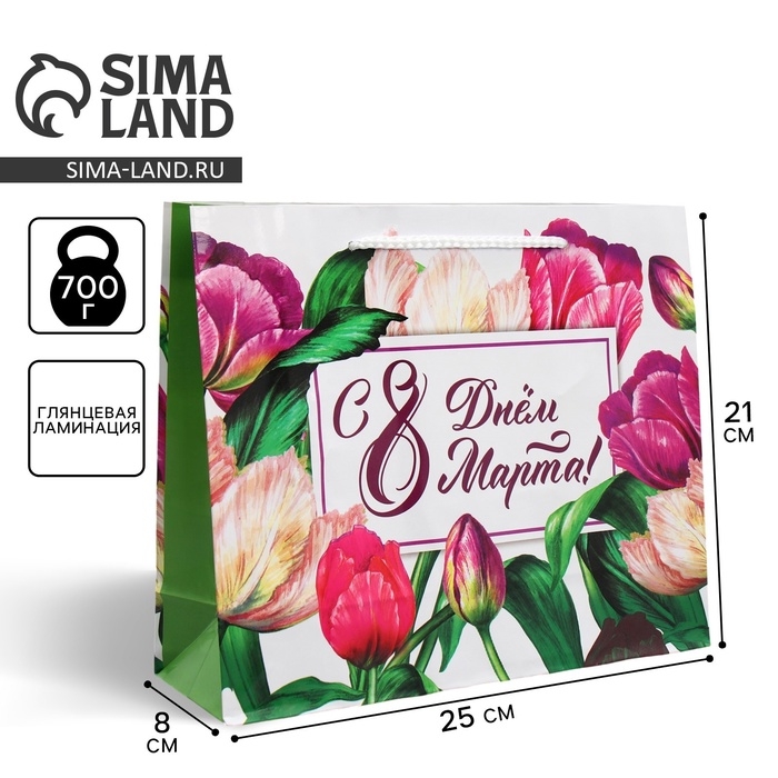 Пакет подарочный ламинированный горизонтальный, упаковка, &laquo;С днём 8 марта&raquo;, ML 25 х 21 х 8 см