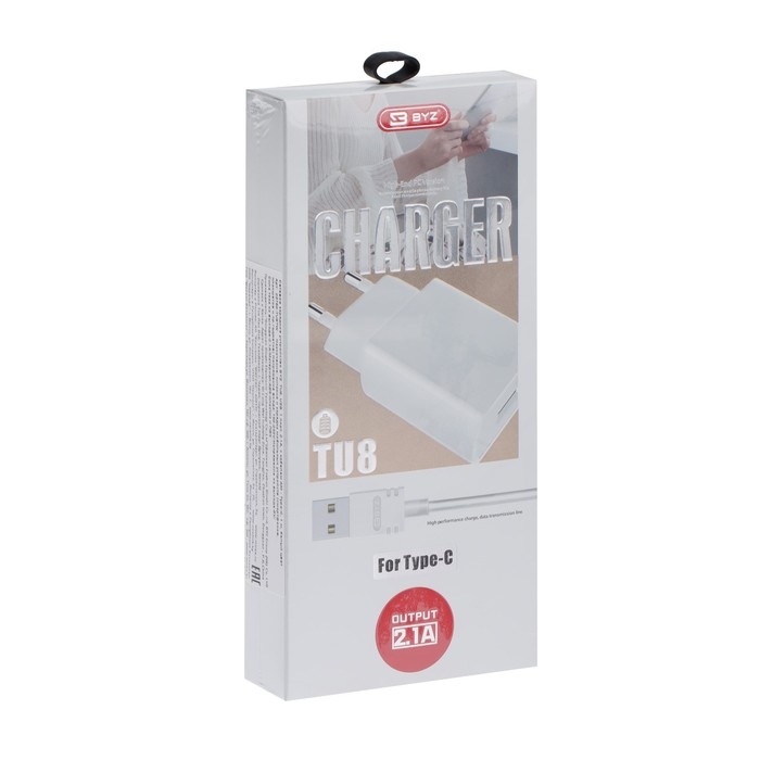 Сетевое зарядное устройство BYZ TU8, USB, 2.1 А, кабель Type-C, 1 м, белое