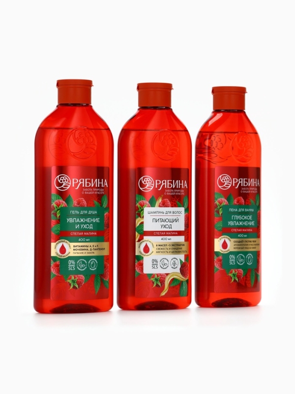 Шампунь для волос, питающий уход, аромат малины, 400 мл, Рябина
