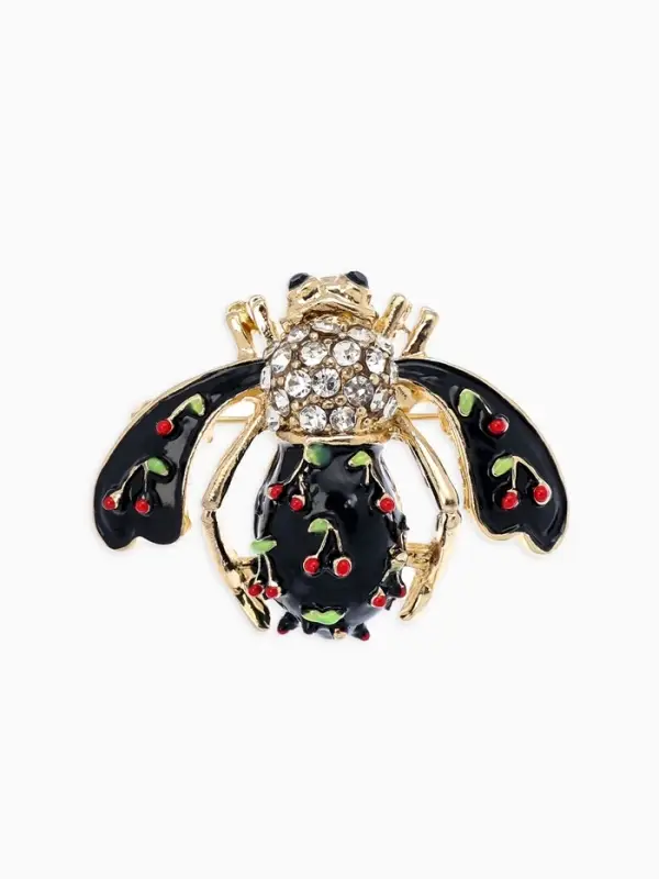 Брошь "Пчела в вишню", цветная в золоте
