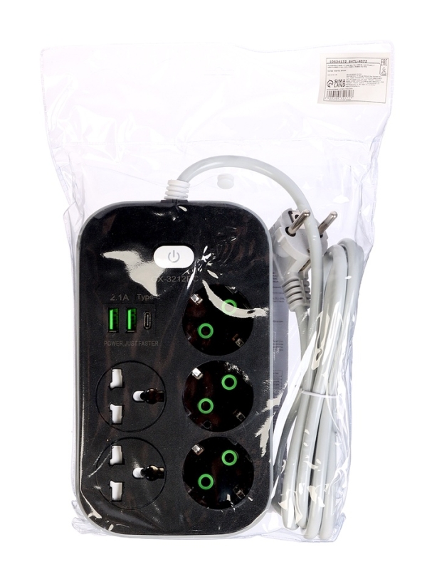 Удлинитель 3 евро + 2 унив.роз, 2м, 1300 Вт, 3х0.75 мм2, 2 USB-A+USB-C, 2.1А, c з/к, с выкл.   10534