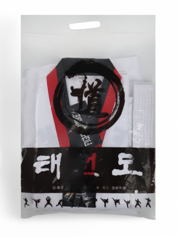 Добок (кимоно) для Тхэквондо, белый, черно-красный ворот, детский, размер 150