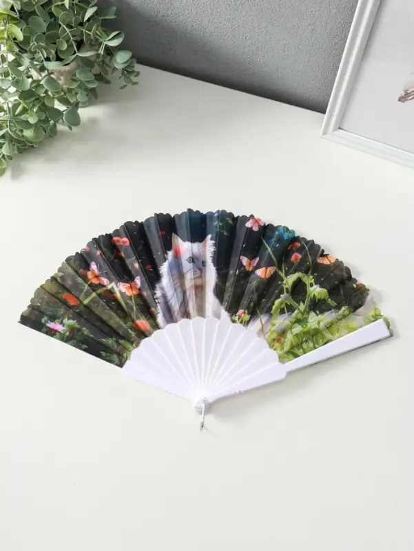 Веер пластик, текстиль "Кошечки и цветы" МИКС широкие лопасти 23 см