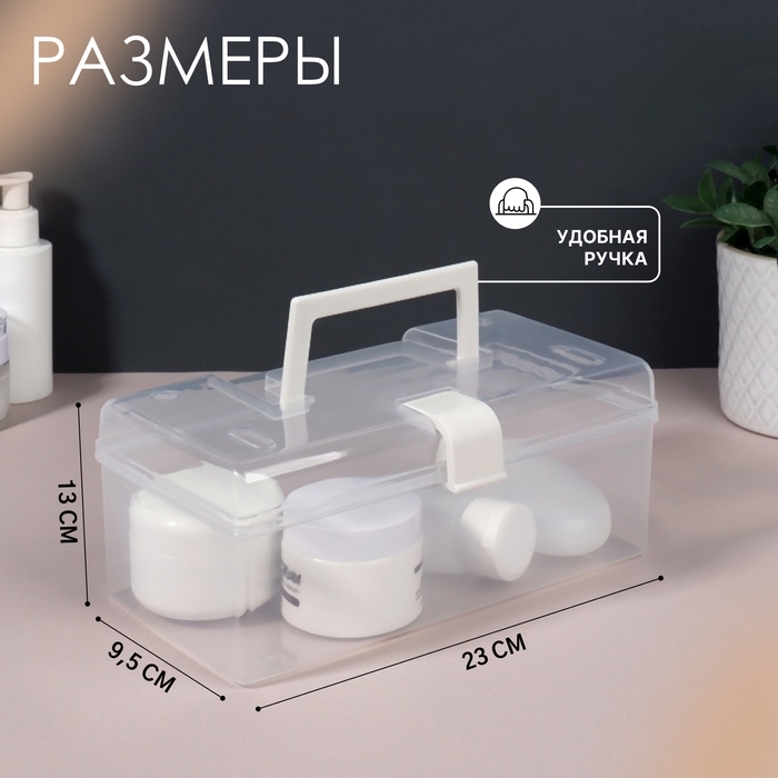 Органайзер для хранения, с крышкой, с ручкой, 23 × 13 × 9,5 см цвет прозрачный/белый Органайзер для хранения, с крышкой, с ручкой, 23 × 13 × 9,5 см цвет прозрачный/белый
