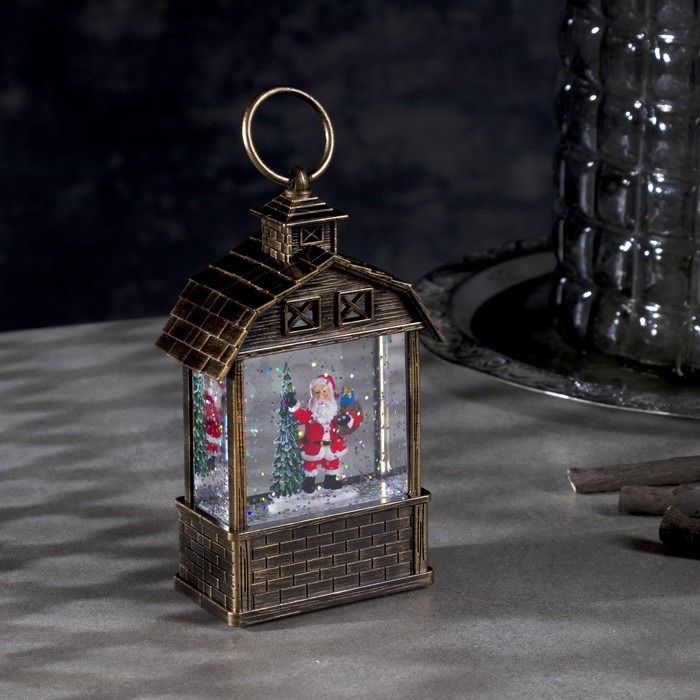 Светодиодная фигура &laquo;Фонарь с Дедом Морозом и ёлкой&raquo; 7.5 &times; 14 &times; 4.2 см, пластик, блёстки, батарейки AG13х3 (в комплекте), свечение тёплое белое
