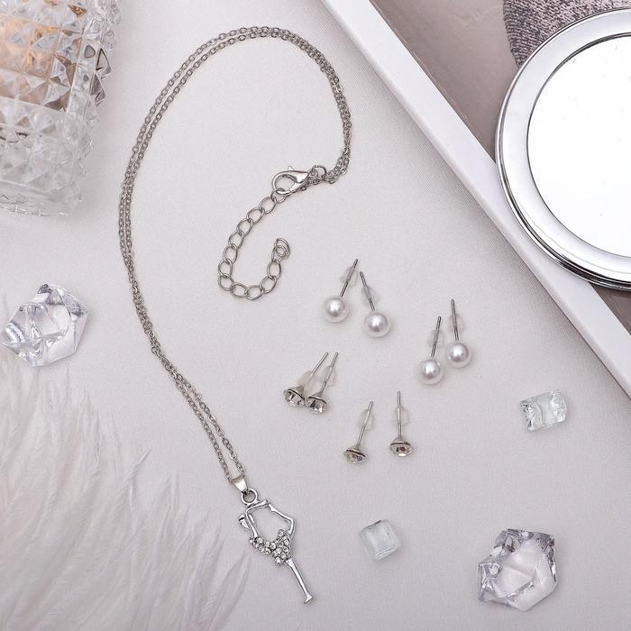 Гарнитур 5 предметов: 4 пары пусет, кулон &laquo;Гимнастка&raquo;, цвет белый в серебре, 40 см