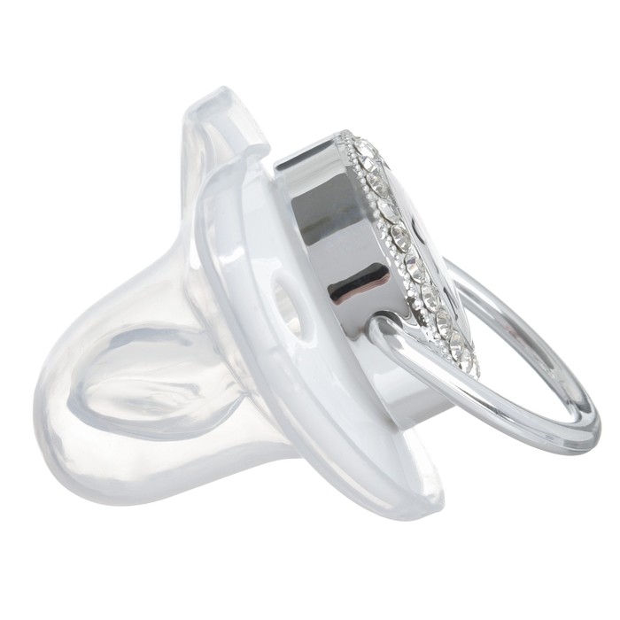 Соска - пустышка силиконовая ортодонтическая &laquo;Я люблю маму&raquo;, от 6 мес., с колпачком + держатель - цепочка, цвет серебренный, стразы