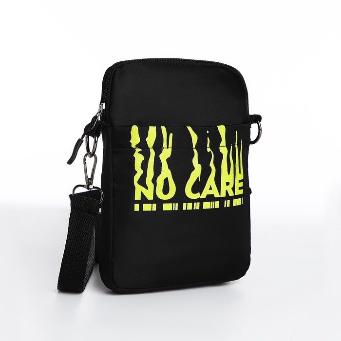 Сумка молодёжная на длинном ремне No care, 20 х 15 х 3 см, отдел на молнии, цвет чёрный